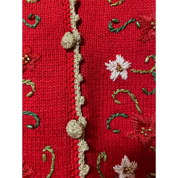 Blue Star Originals Studio button down sweater , embroidered poinsettias - Picture 3 of 7